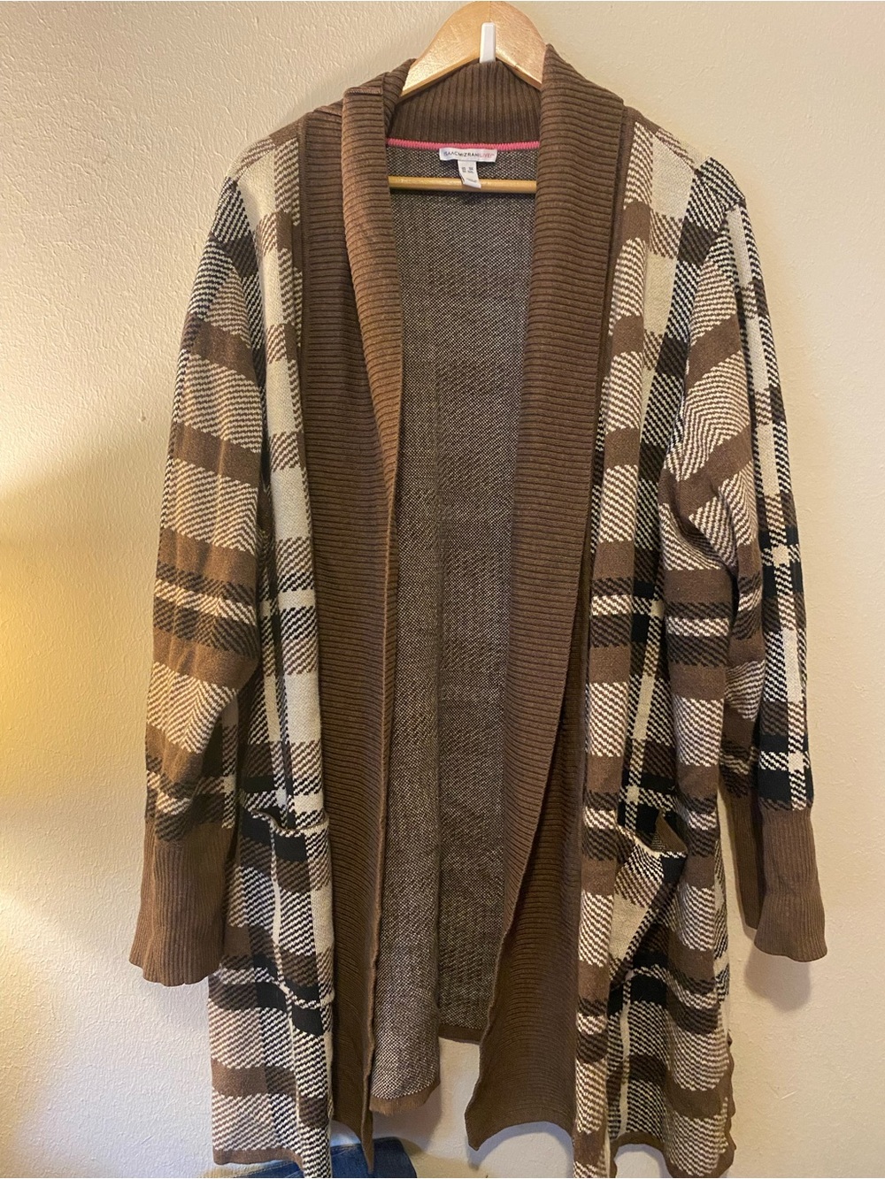 Women’s Isaac Mizrahi Live! Brown Plaid Longline Open Front Cardigan Sz3X Cozy